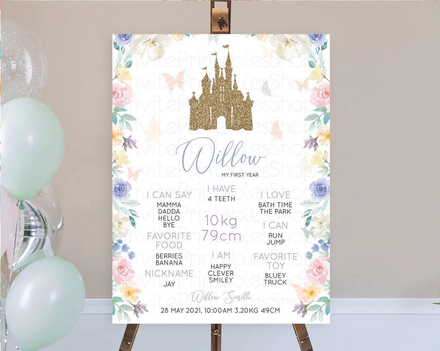 Editable Princess First Birthday Milestone Poster Castle Milestone Board Sec