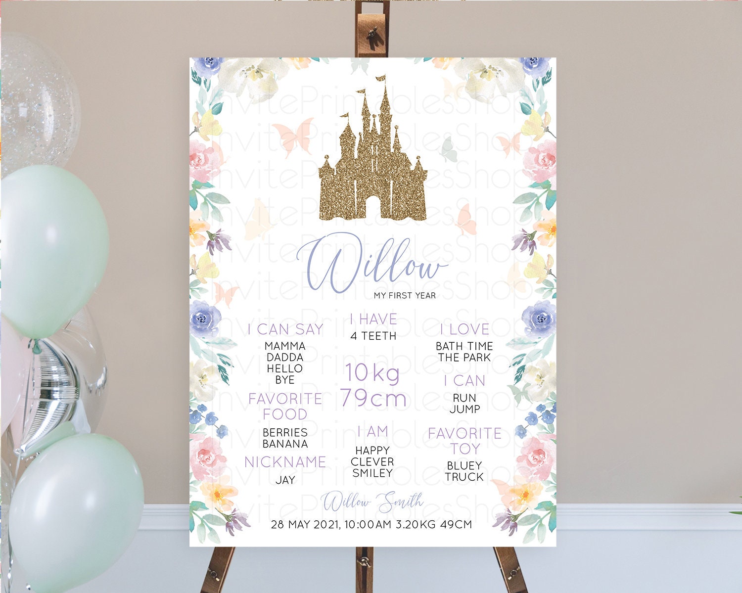 Editable Princess First Birthday Milestone Poster Castle Milestone Board Sec