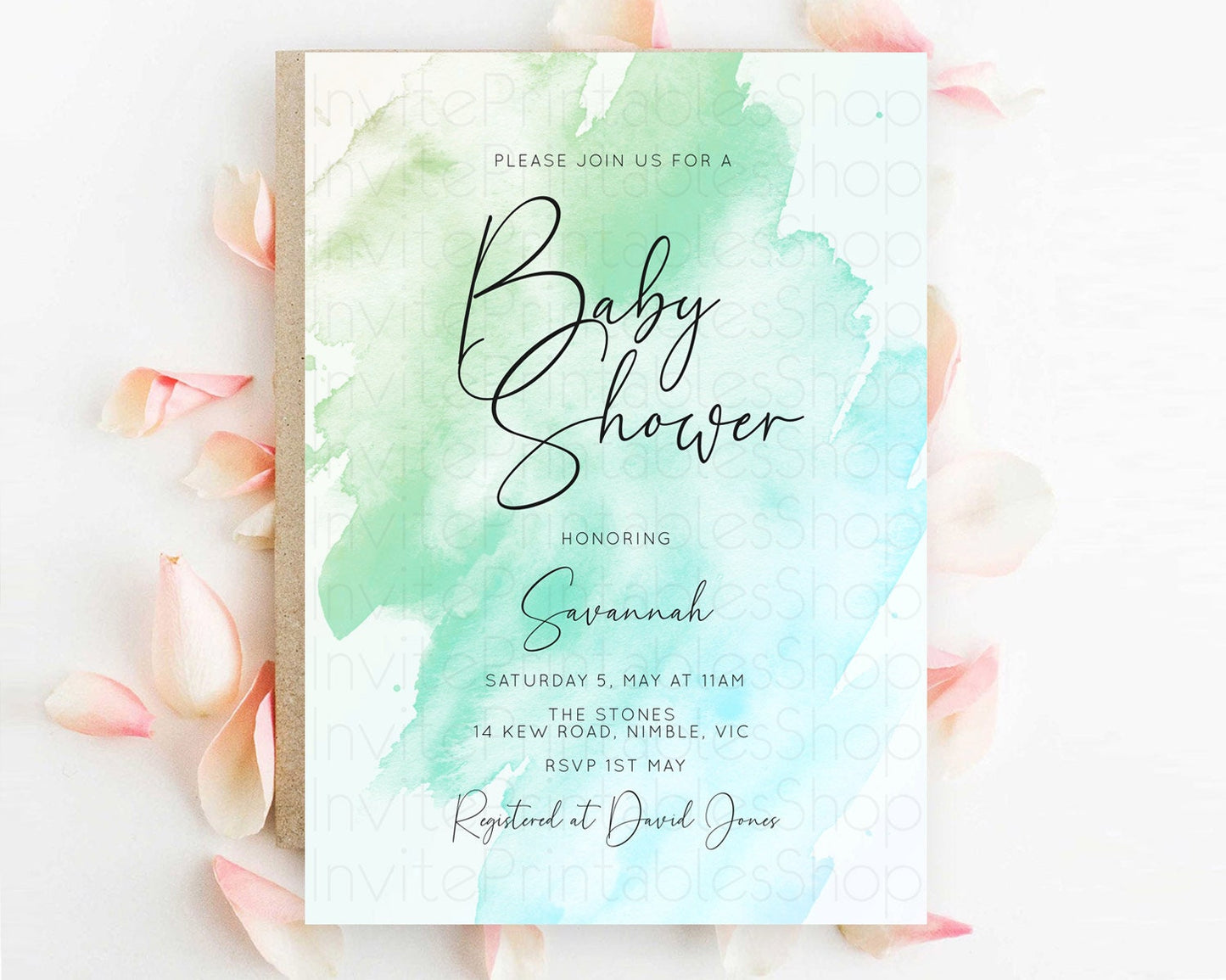 Green Baby Shower Invitation Green Watercolor Baby Shower Invitation Pastel Green Watercolor Invitation Green Splash Gold Invitation D10166