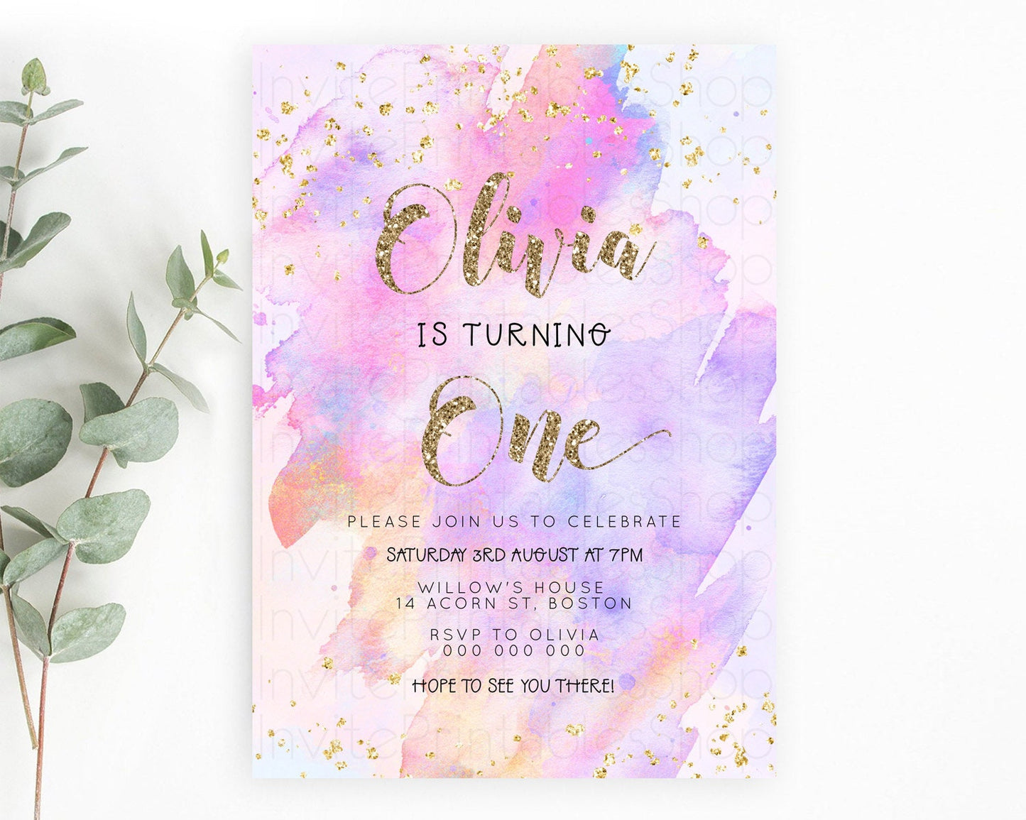 Rainbow Birthday Invitation Colorful Pastel Watercolor Invitation Gold Glitter Sprinkles Ombre Pastel 1st 2nd 3rd Birthday D23298