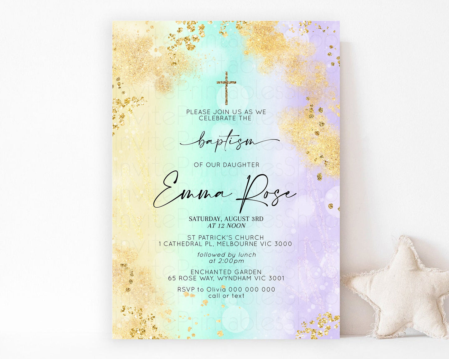 Pastel Baptism Invitation Rainbow Christening Invitation Holy Communion Invite Baptism 1st Birthday Sprinkles Ombre Watercolor Splash 706