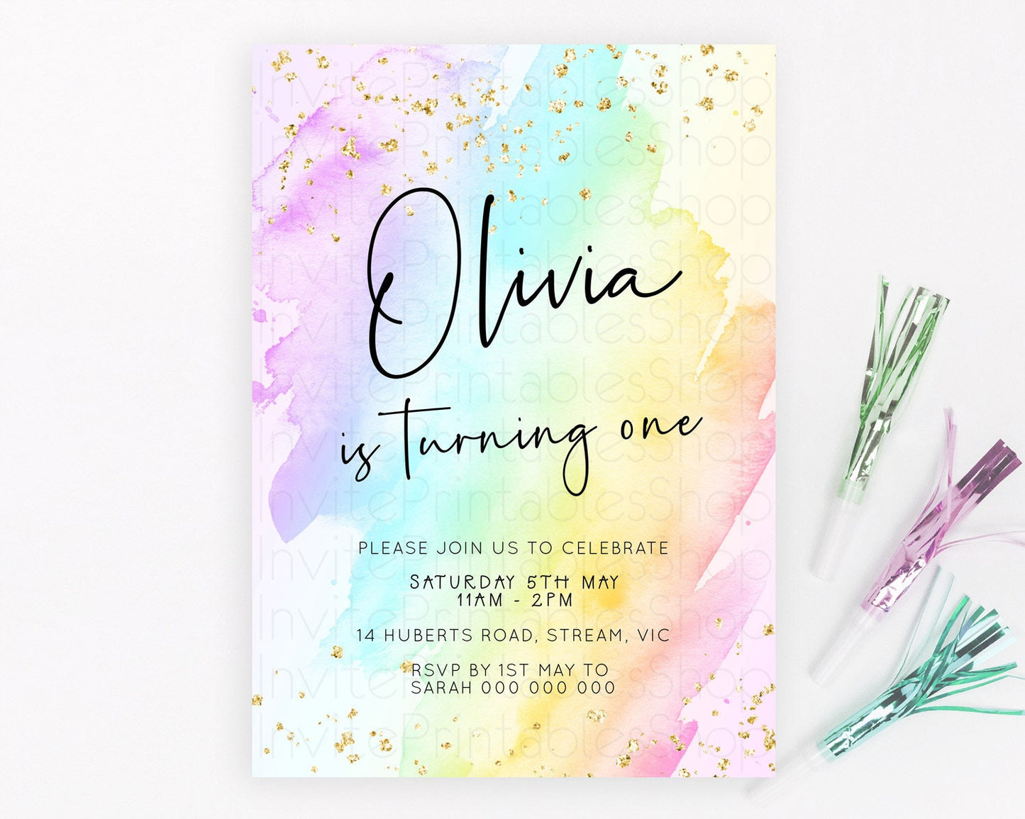 Pastel Birthday Invitation Ombre Watercolor Birthday Invitation Glitter Rainbow Color Splash 1st 2nd 3rd Birthday Invitation D23055