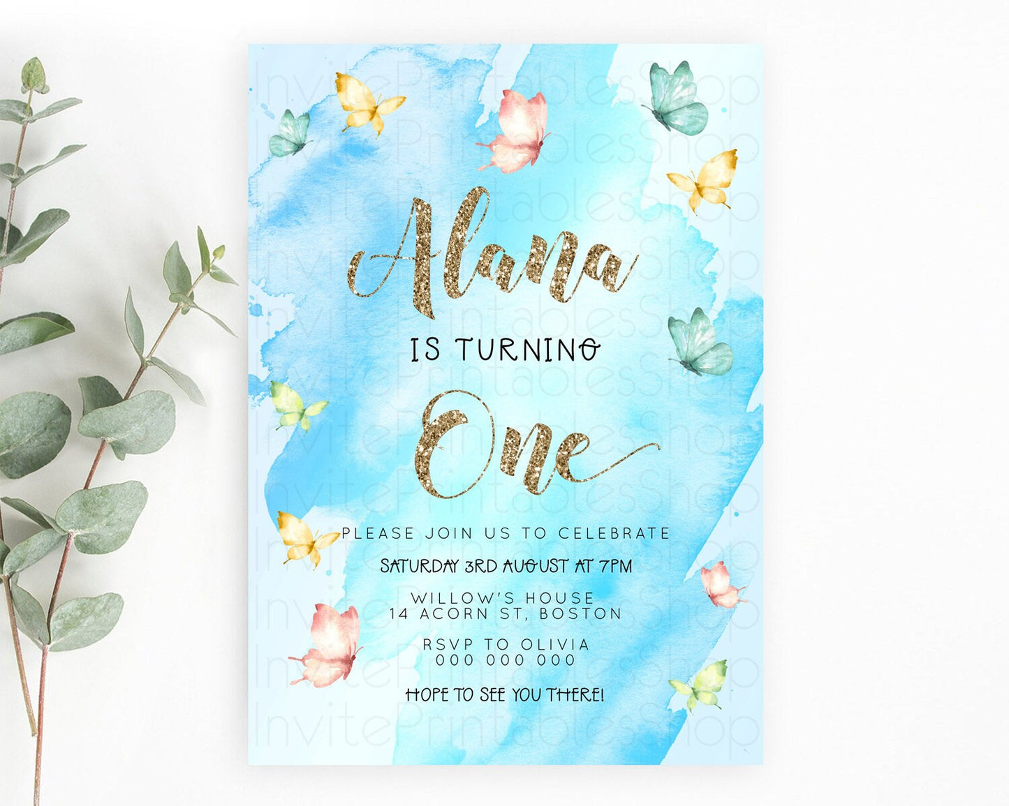 Blue Birthday Invitation Blue Watercolor Invitation Pastel Blue Watercolor Invitation Blue Splash Gold Invitation 1st First Birthday D23260