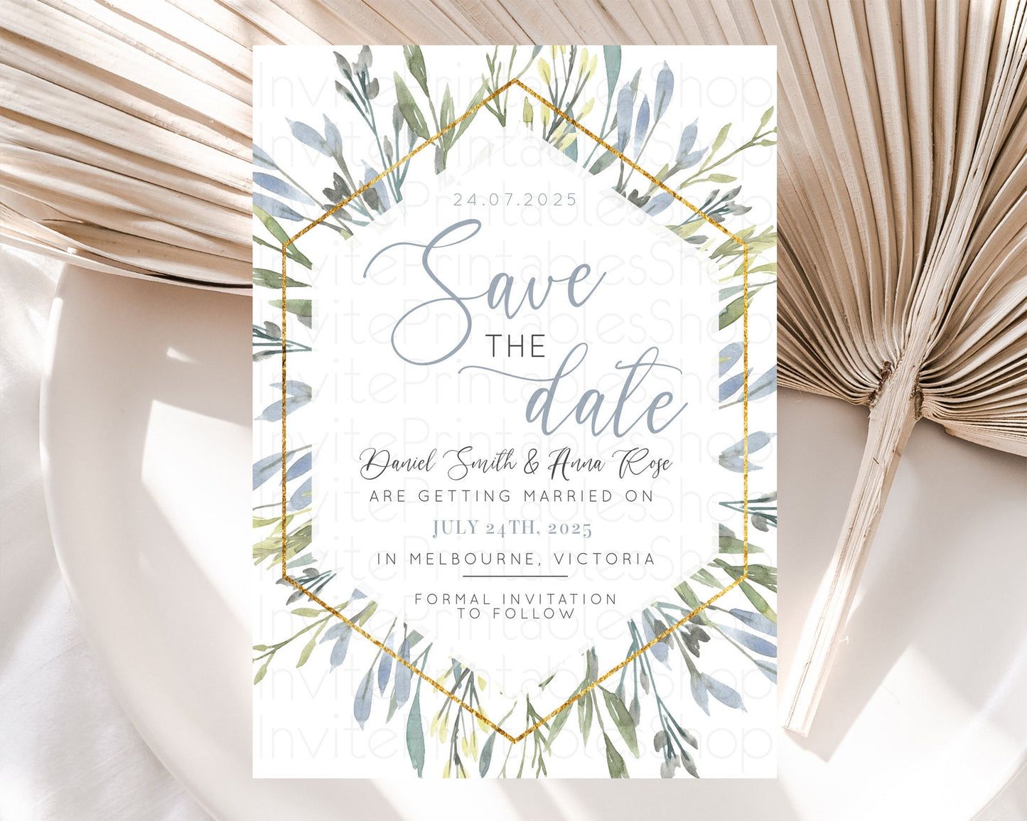 Green Leafy Save The Date Template Eucalyptus Fern Leaves Watercolor Boho Garden Leaf Branch Party 1st Birthday Baptism Baby Shower D10532