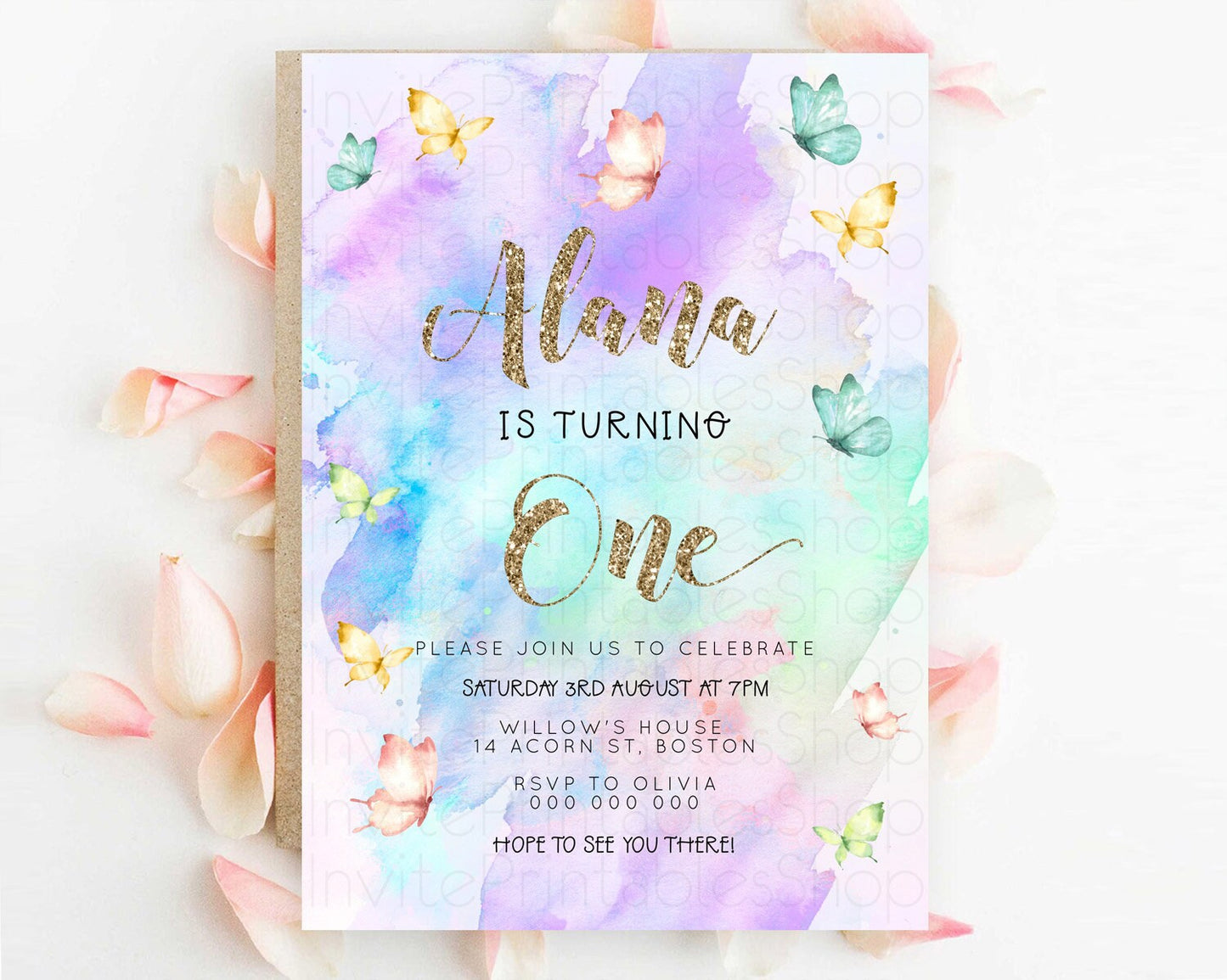 Pastel Butterfly Birthday Invitation Butterfly Birthday Invitation Colorful Splash Glitter Butterfly Garden 1st 2nd Birthday D23244