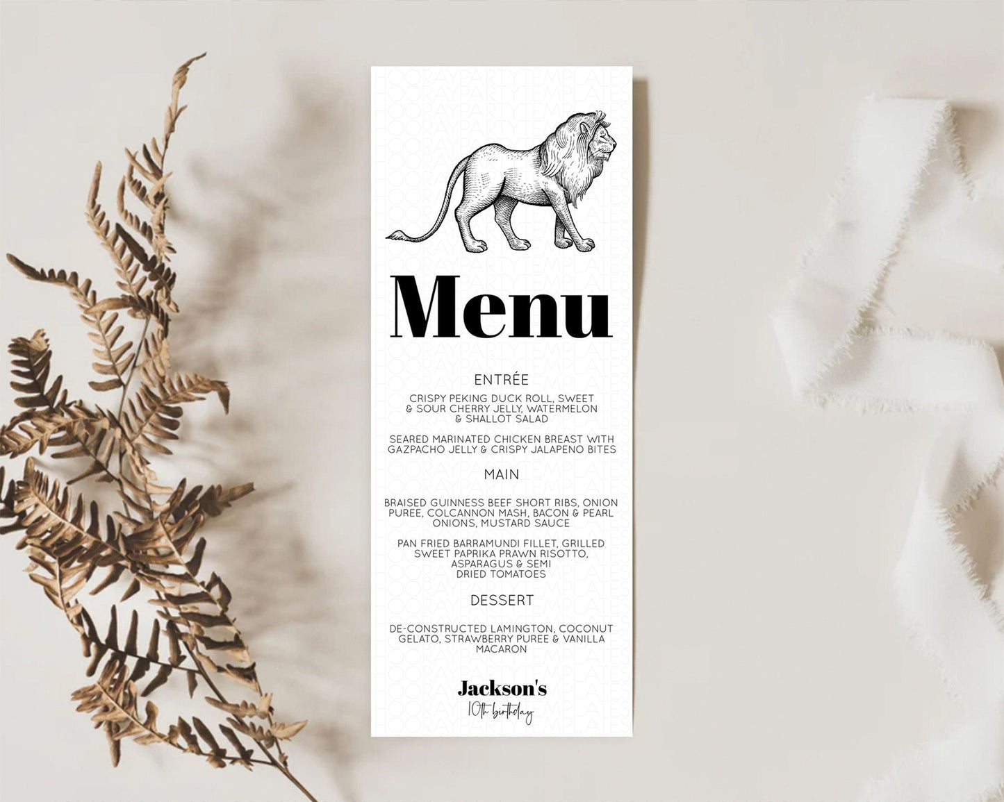 Lion Menu Lion Menu Template Lion Party Table Decor Safari Adventure Lion Menu Dried Palm Fern Lion Dinner Dessert Party Food Menu D10246