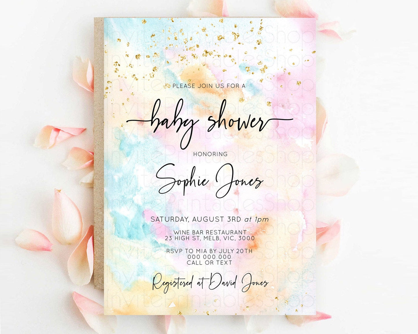 Pastel Baby Shower Invitation Rainbow Baby Shower Invitation Colorful Pastel Watercolor Invitation Gold Glitter Sprinkles Ombre D10548