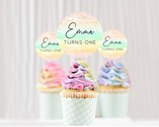 Rainbow Cupcake Toppers Pastel Cupcake Toppers Colorful Pastel Watercolor Cupcake Ombre Pastel Décor Pastel First Birthday Cupcake D10591