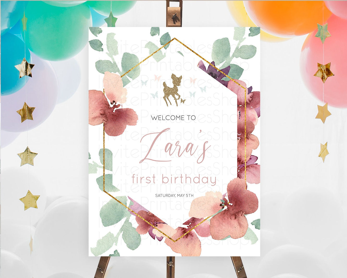 Fawn Welcome Sign Deer Welcome Board Floral Deer Welcome Poster Enchanted Forest Butterfly Pastel Floral First Birthday Welcome Sign D10459