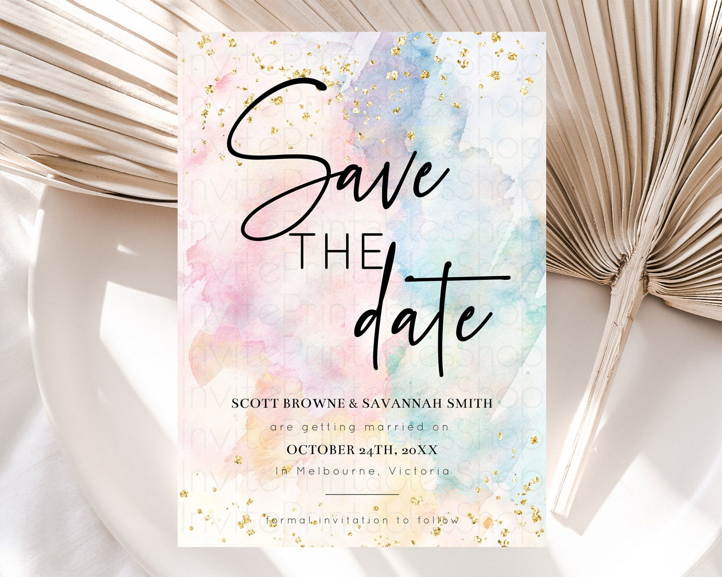 Pastel Save The Date Template Pastel Ombre Rainbow Watercolor Colorful Party For Birthday Baptism Baby Shower Wedding Bridal Shower D10276