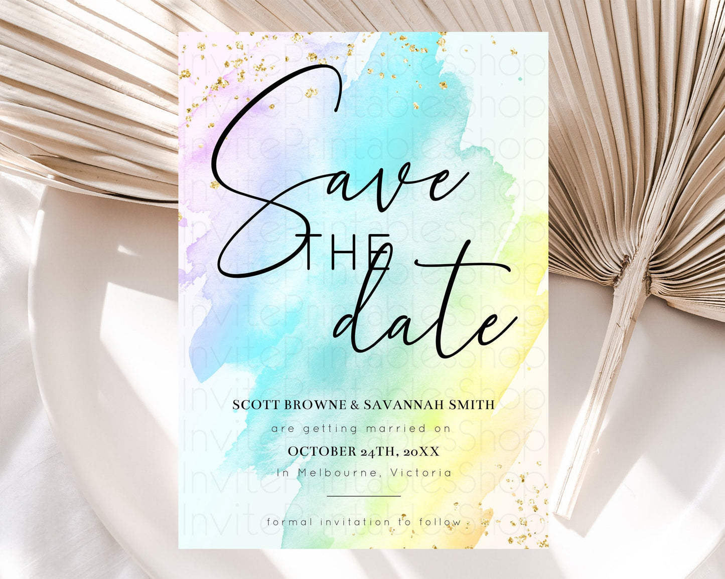 Pastel Save The Date Template Pastel Ombre Rainbow Watercolor Colorful Party For Birthday Baptism Baby Shower Wedding Bridal Shower D10773