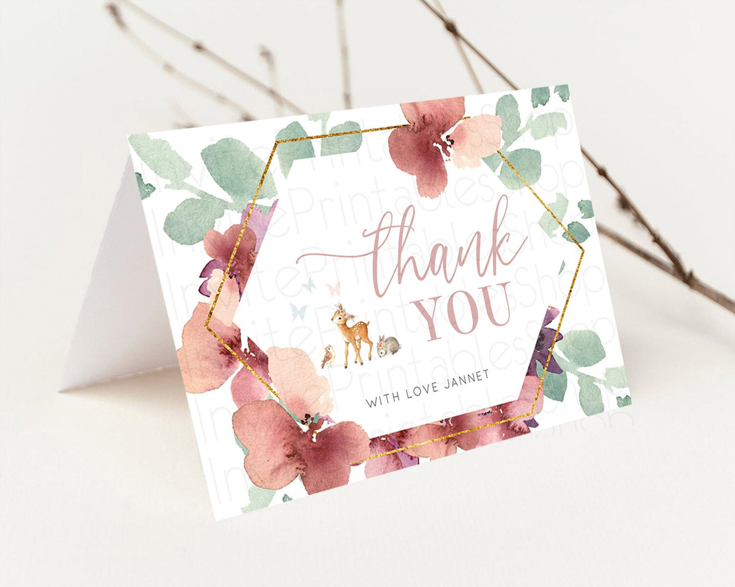 Fawn Thank You Deer Thank You Card Pastel Floral Deer Birthday Thank You Card Enchanted Forest Butterfly Deer Teacher Thank You Card D10913