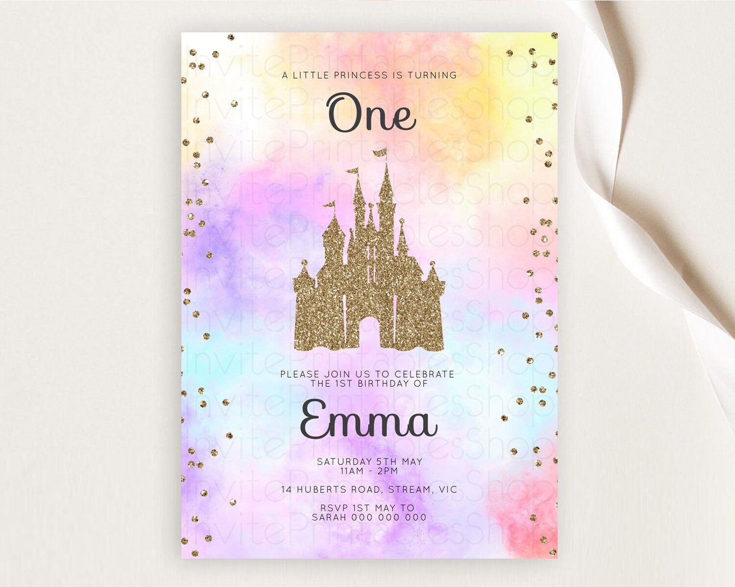 Princess Birthday Invitation Princess Invitation Pastel Invitation Royal Birthday Rainbow Color Enchanted Castle 1st First Birthday D10148