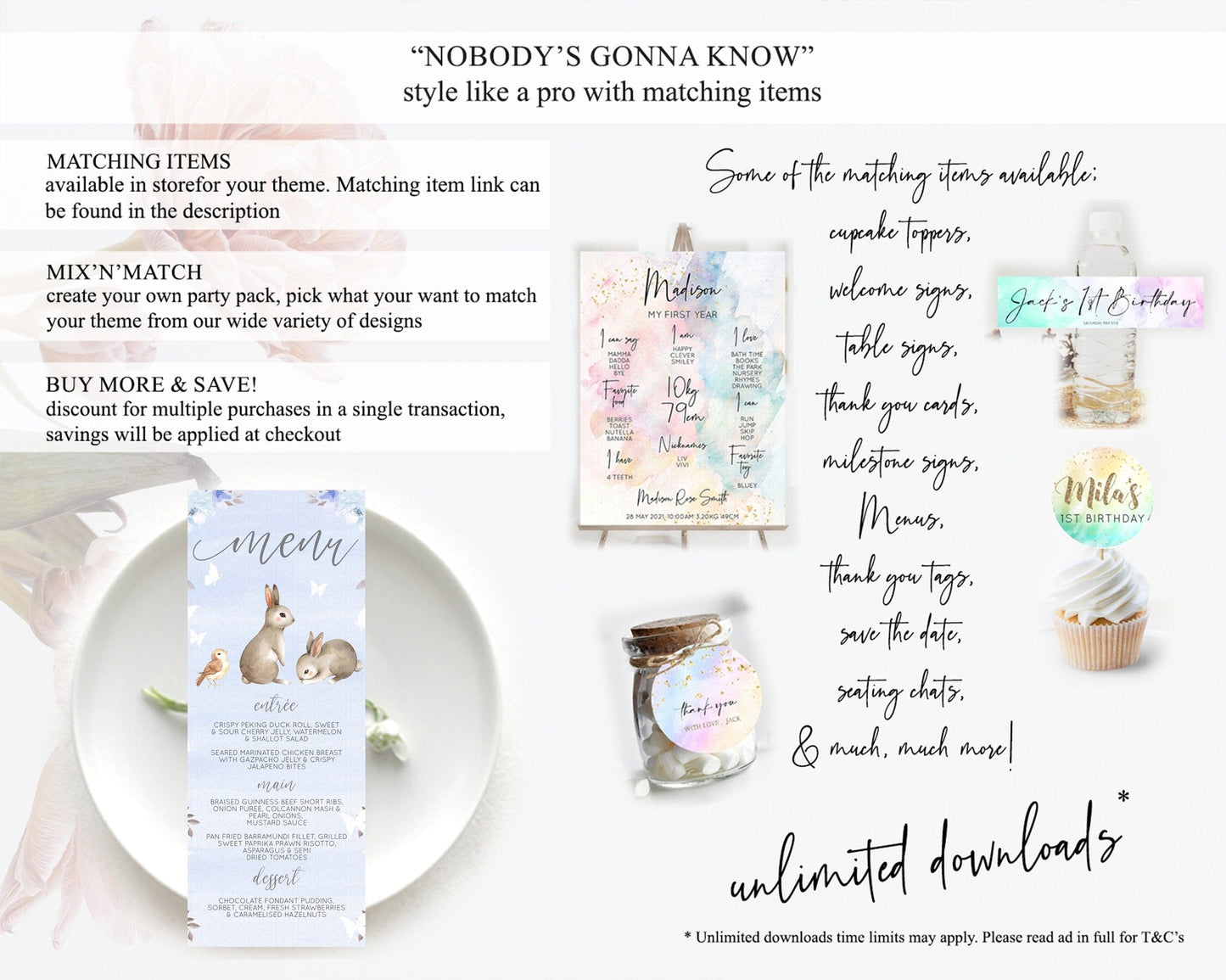 Bunny Menu Floral Bunny Menu Template Pastel Flowers Bunny Table Decor Secret Garden Bunny Dinner Dessert Menu Party Food Menu D10923