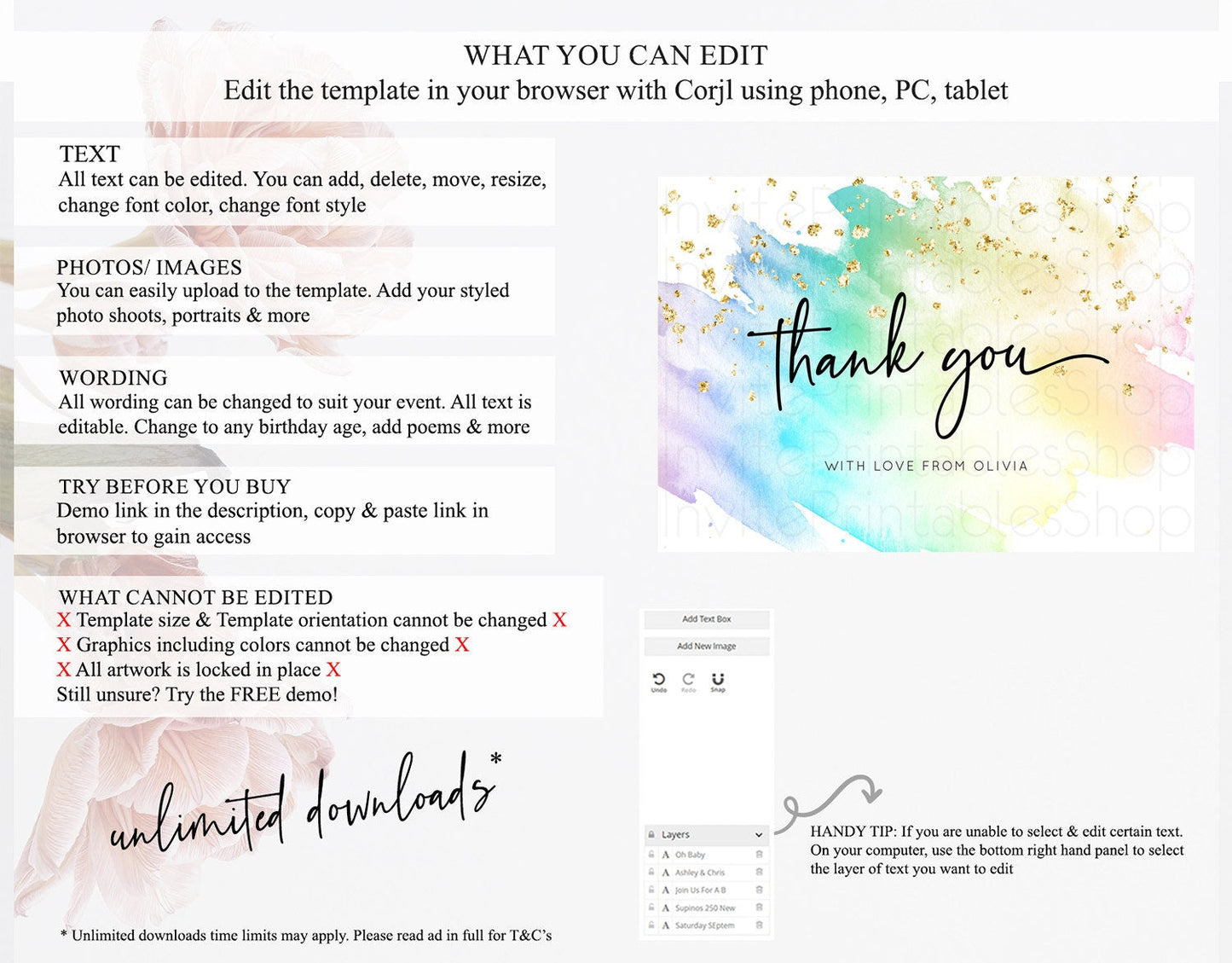 Pastel Thank You Rainbow Thank You Card Colorful Pastel Birthday Thank You Card Confetti Watercolor Pastel Teacher Thank You Cards D10256