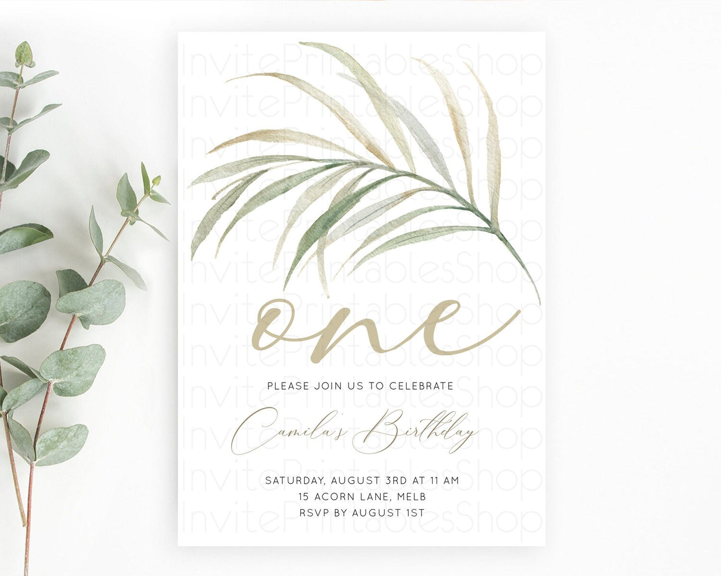 Leafy Birthday Invitation Leafy Invitation Simple Greenery Invitation Eucalyptus Fern Spray Leaves Minimal Green Leaf Watercolour D11043