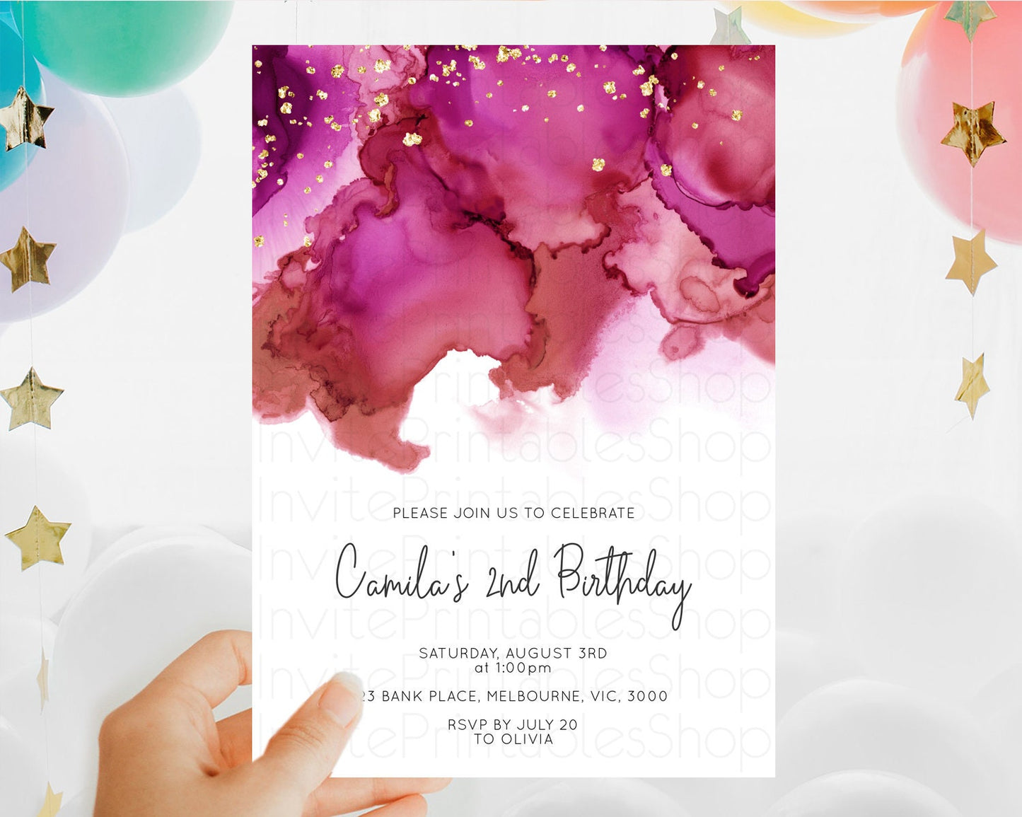 Pink Birthday Invitation pink Watercolor Invitation Pastel pink Watercolor Invitation pink Splash Gold Invitation 1st First Birthday D11069