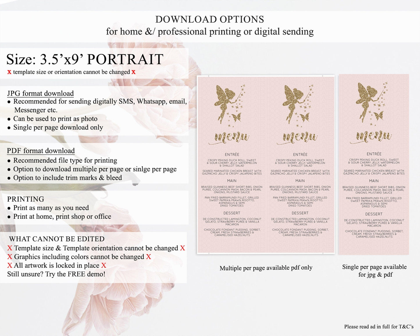 Fairy Menu Fairy Menu Template Enchanted Garden Pastel Floral Butterfly Table Decor Fairy Secret Garden Dinner Dessert Food Menu D10899