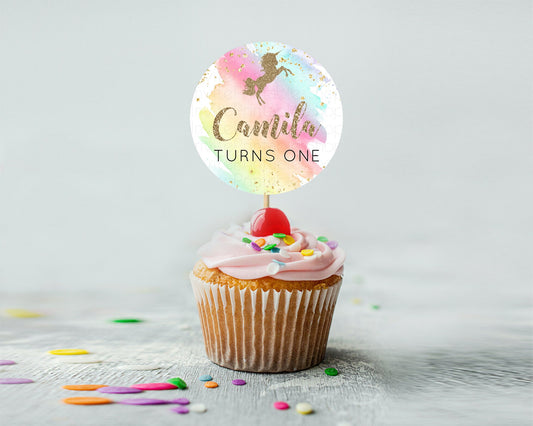 Unicorn Rainbow Cupcake Topper Pastel Unicorn Decor Magical Unicron Ombre Cupcake Toppers Colorful Watercolor Glitter Sprinkle Décor D10498