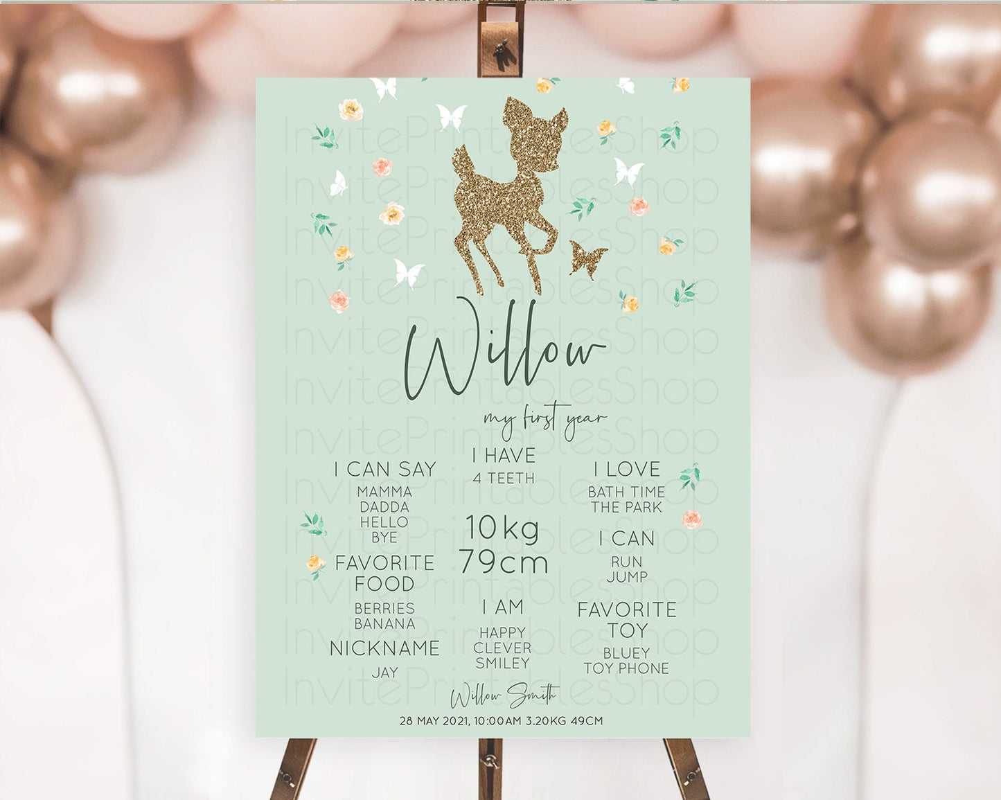 Fawn First Birthday Milestone Board Deer First Birthday Milestone Poster Enchanted Forest Butterfly Pastel Flowers 1st Birthday Sign D10385