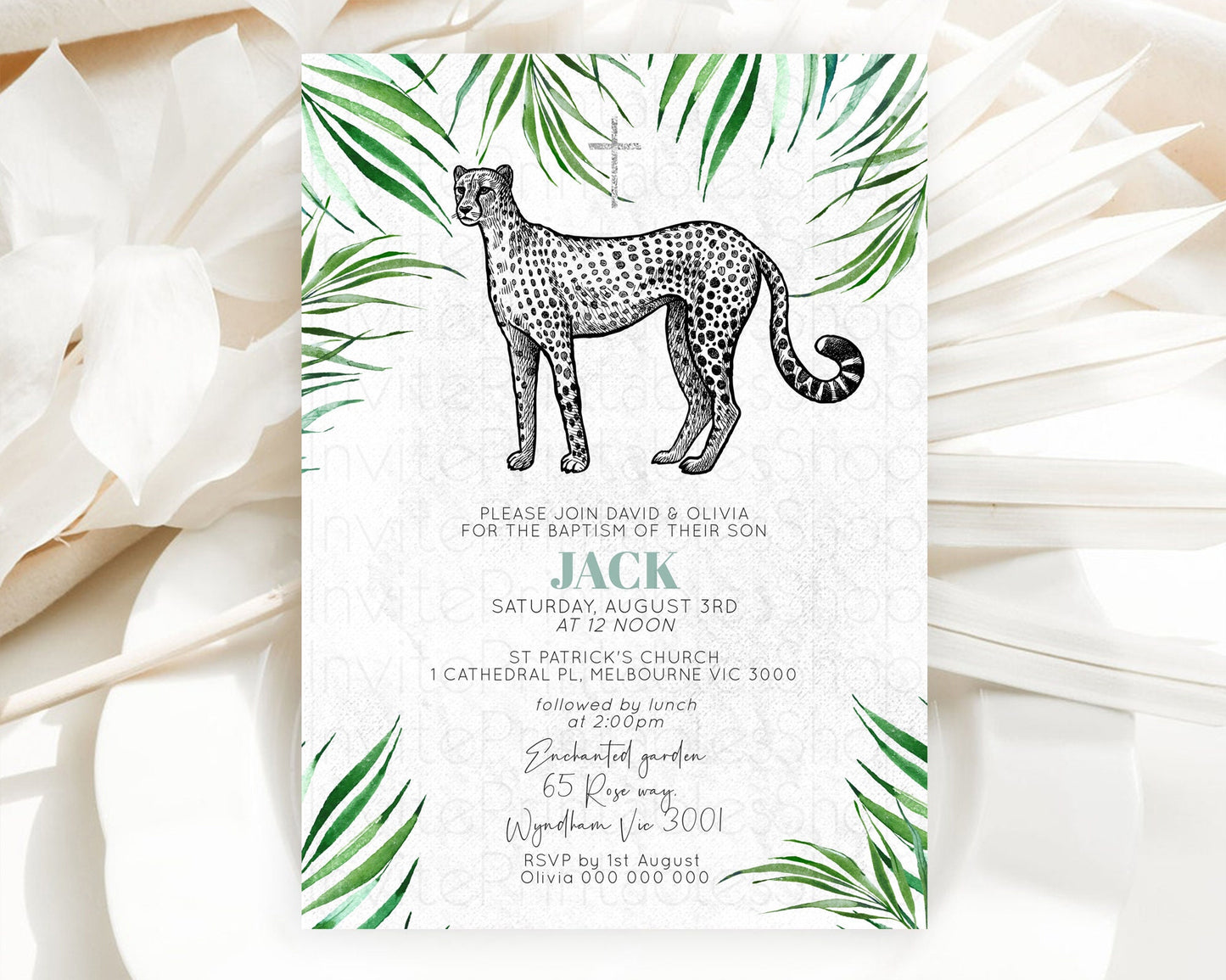 Cheetah Baptism Invitation Cheetah Baptism 1st Birthday Invitation Cheetah Safari Adventure Christening Party Palm Leaf Zoo Cheetah D10849