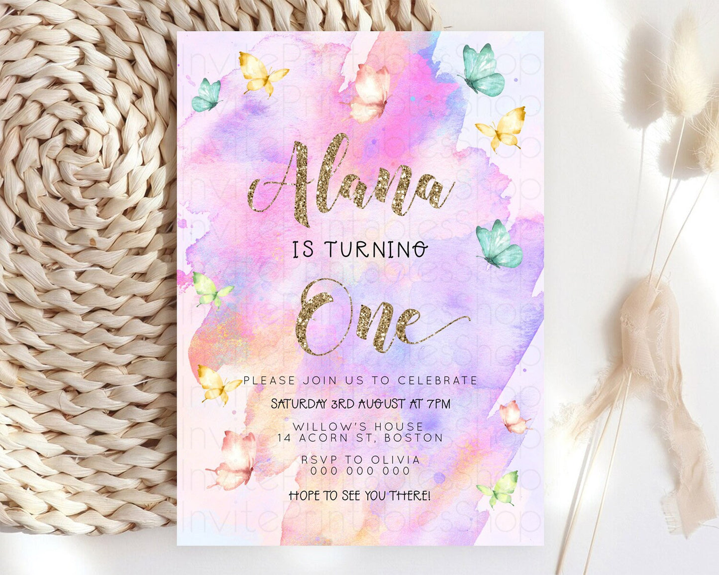 Pastel Butterfly Birthday Invitation Butterfly Birthday Invitation Colorful Splash Glitter Butterfly Garden 1st 2nd Birthday D23251