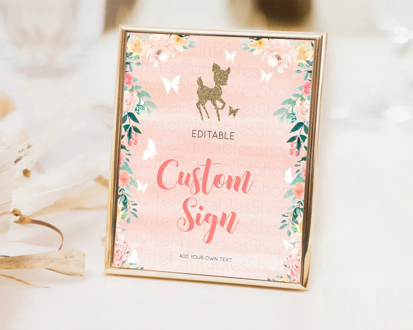 Editable Fawn Deer Sign Pastel Floral Deer Table Sign Decor Enchanted Forest