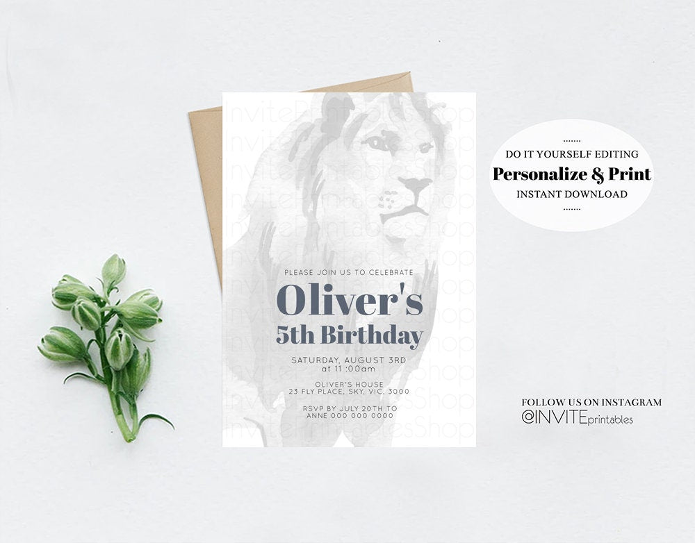 Lion Birthday Invitation Watercolor Lion Invite Tropical Palms Jungle Safari Adventure Zoo Party Wild Party Animal Custom Editable