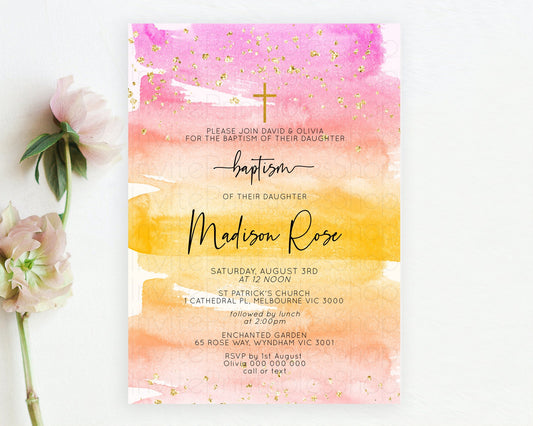 Pastel Baptism Invitation Pastel Colors Watercolor Baptism 1st Birthday Party Gold Ombre Pastel Rainbow Christening Holy Communion D10520