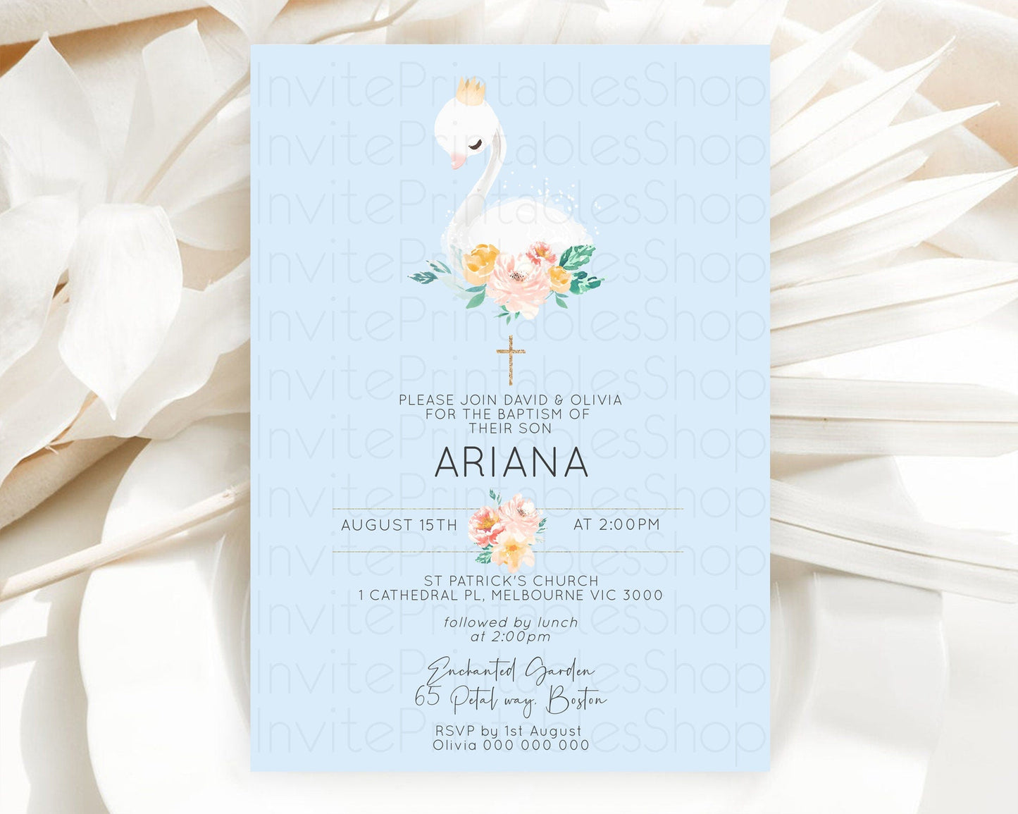 Swan Lake Baptism Invitation Swan Princess Ballet Baptism 1st Birthday Enchanted Forest Secret Garden Watercolour Pastel Floral D10903