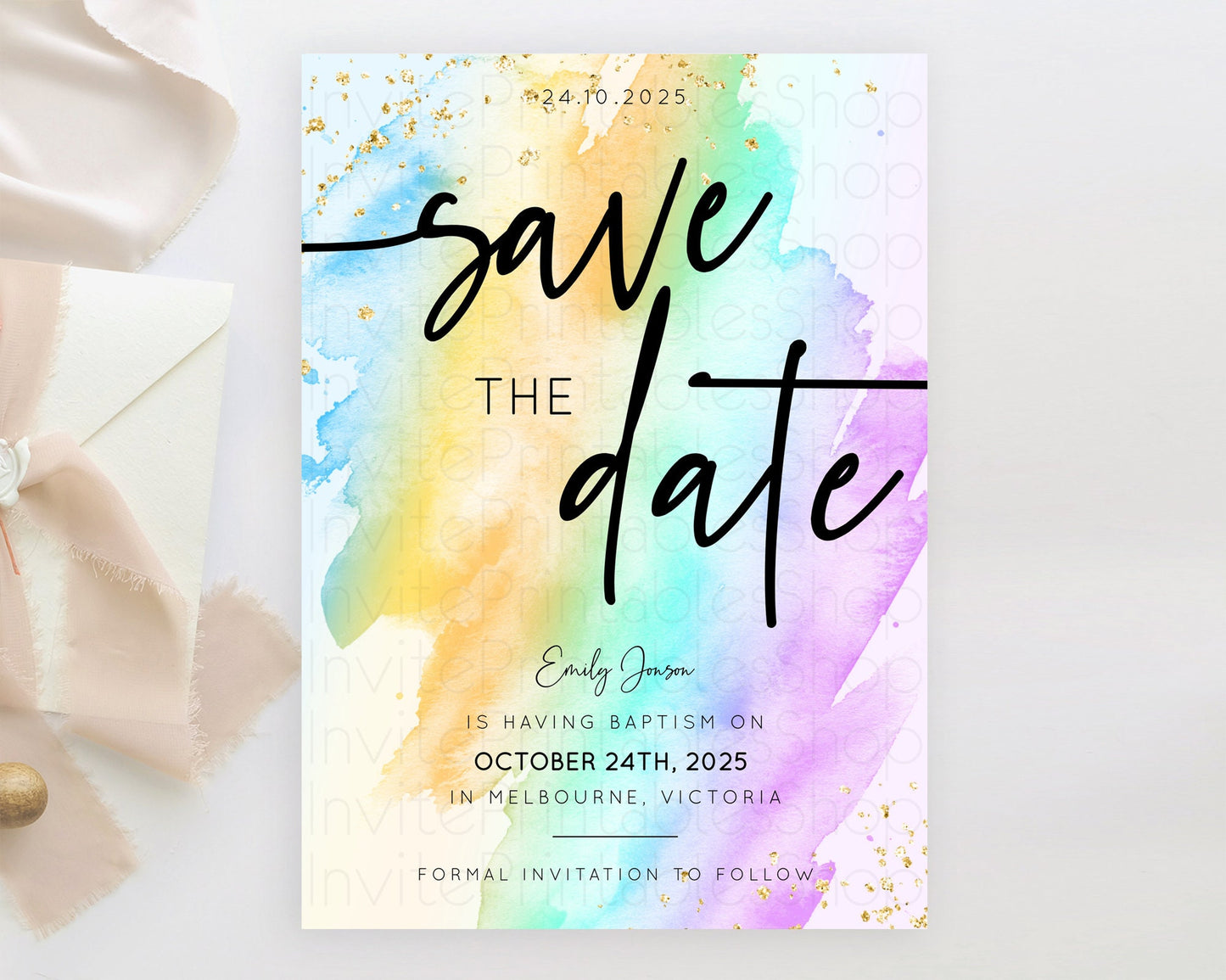 Pastel Save The Date Template Pastel Ombre Rainbow Watercolor Colorful Party For Birthday Baptism Baby Shower Wedding Bridal Shower D10425