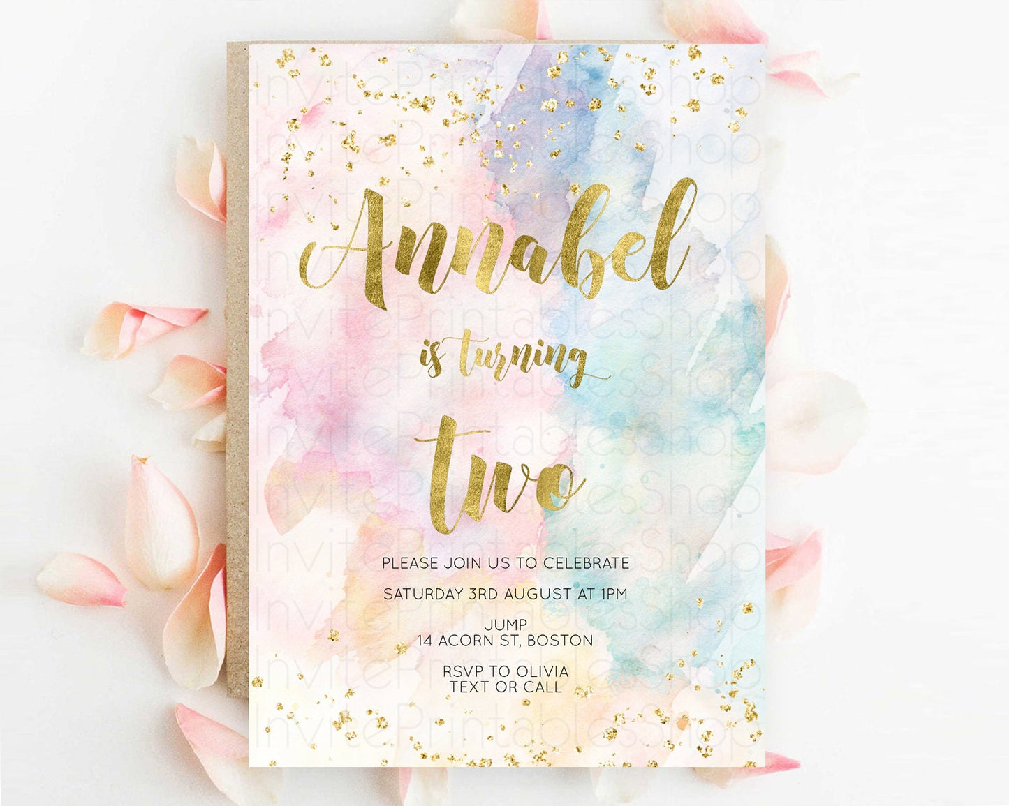 Rainbow Birthday Invitation Colorful Pastel Watercolor Invitation Gold Glitter Sprinkles Ombre Pastel 1st 2nd 3rd Birthday D10265