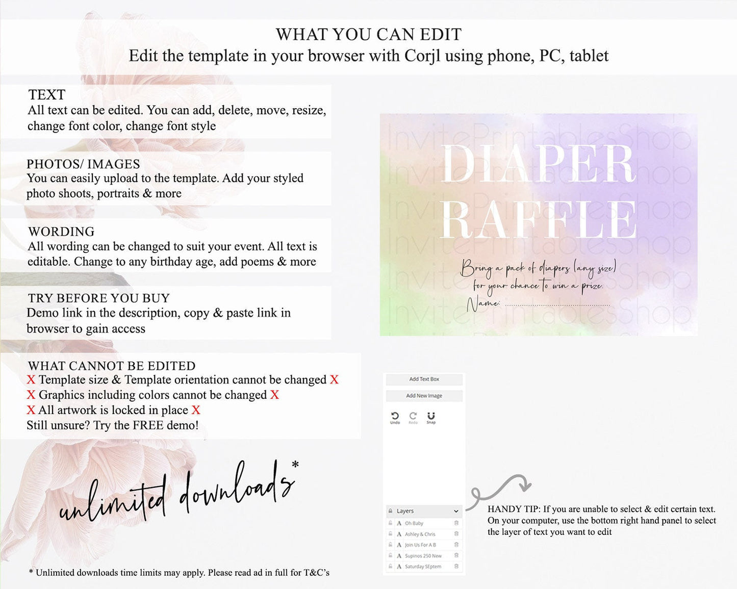 Pastel Diaper Raffle Card Pastel Rainbow Diaper Raffle Insert Colorful Ombre Watercolor Diaper Ticket Confetti Glitter Raffle Game D10371