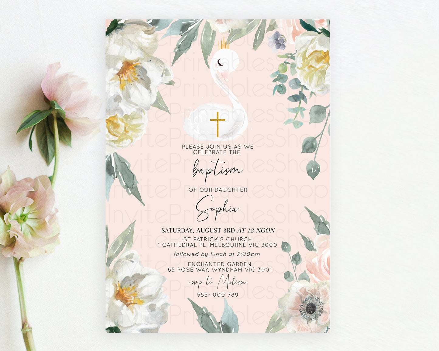 Swan Lake Baptism Invitation Swan Princess Ballet Baptism 1st Birthday Enchanted Forest Secret Garden Watercolour Pastel Floral D10755