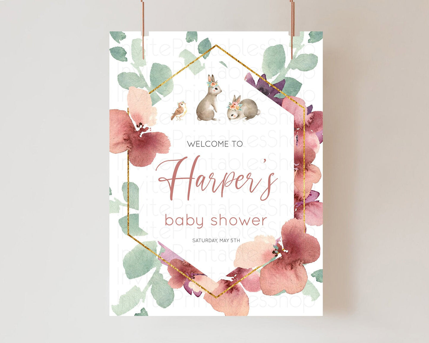 Bunny Baby Shower Welcome Sign Floral Bunny Welcome Board Pastel Flowers Woodland Bunny Welcome Poster Forest Bunny Welcome Sign D11033