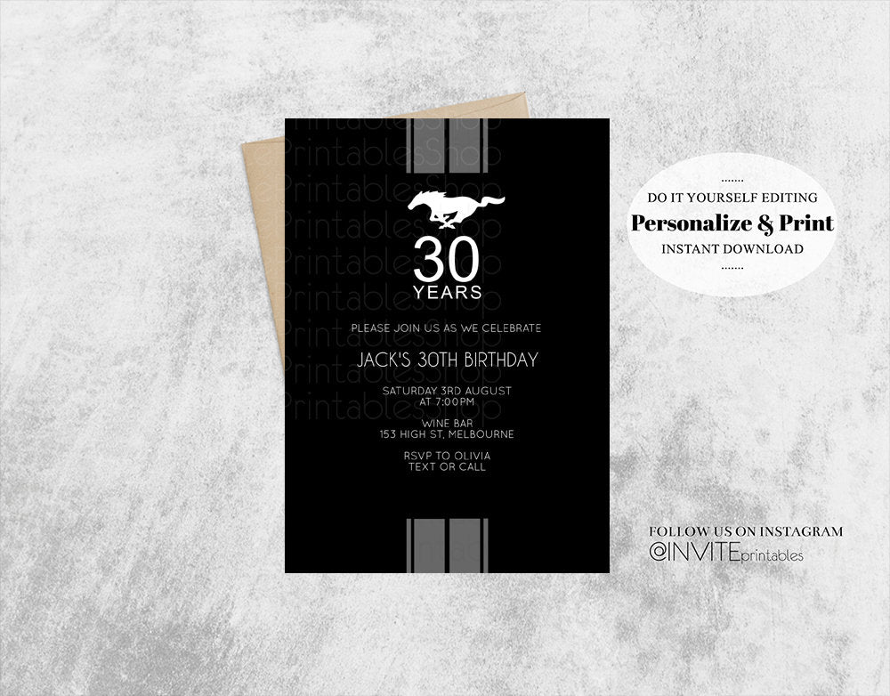 Car Mustang Birthday Invitation, Ford Mustang Invitation, Mustang Invite, 50th Mustang Birthday Invitation, Black, Mustang, Ford Black Grey