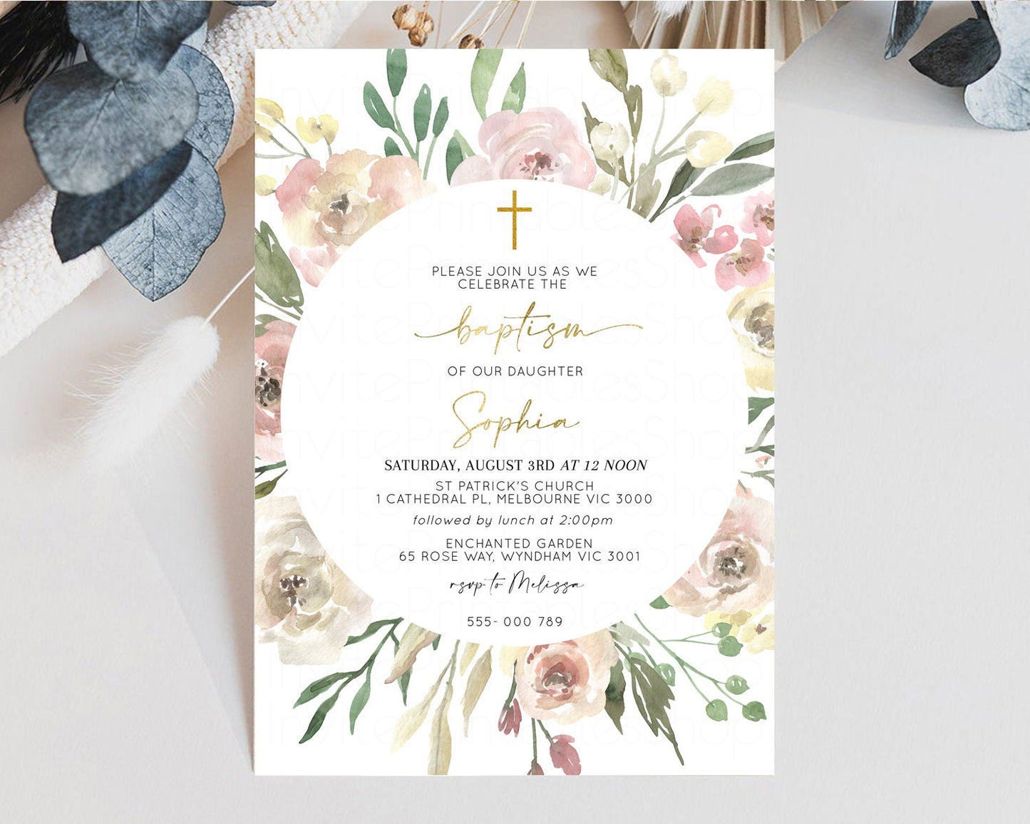 Secret Garden Baptism Invitation Floral Garden Christening Invite Enchanted Forest Invite Whimsical Floral Invite Botanical Pastel Pink w185