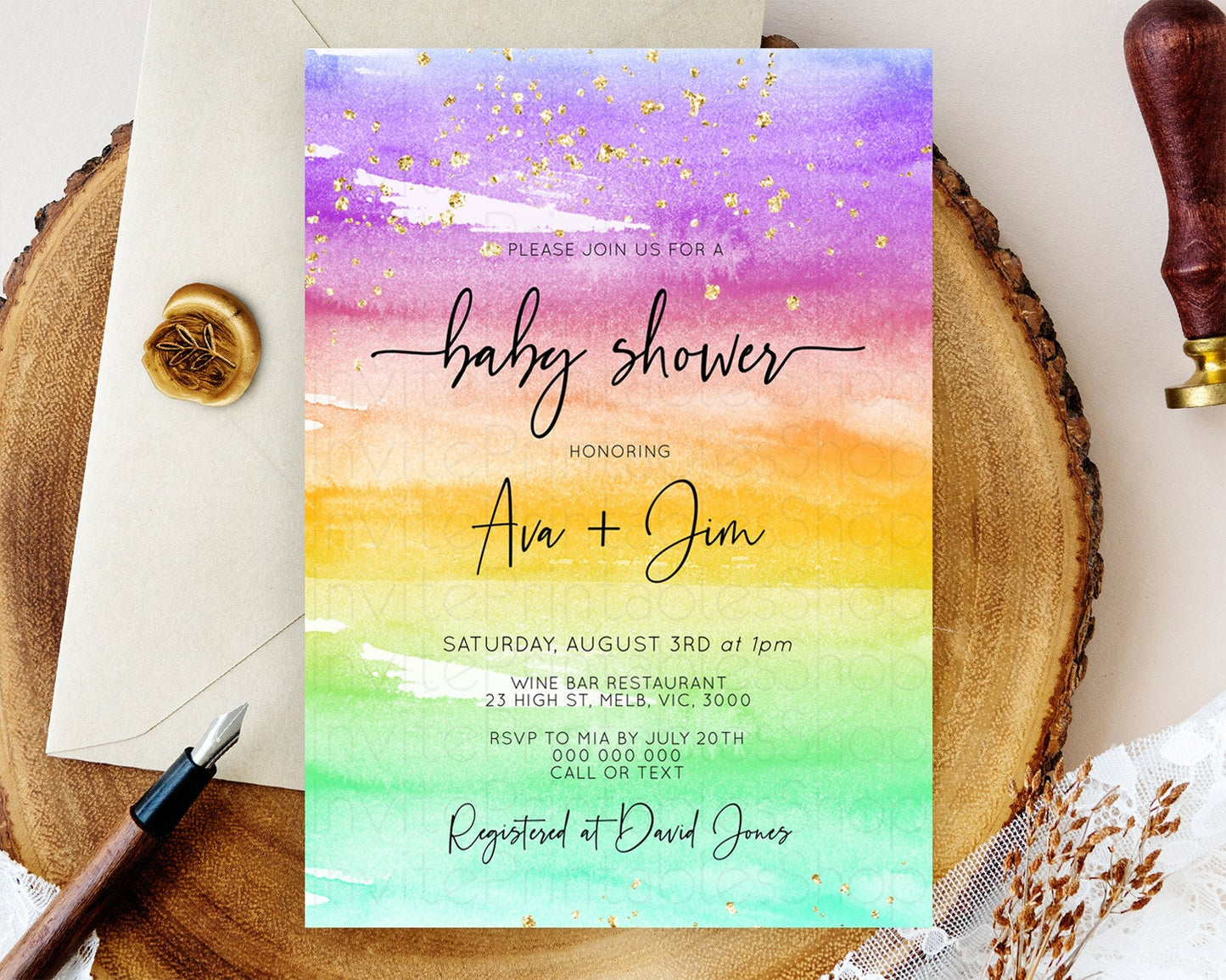 Pastel Baby Shower Invitation Rainbow Baby Shower Invitation Colorful Pastel Watercolor Invitation Gold Glitter Sprinkles Ombre D10524