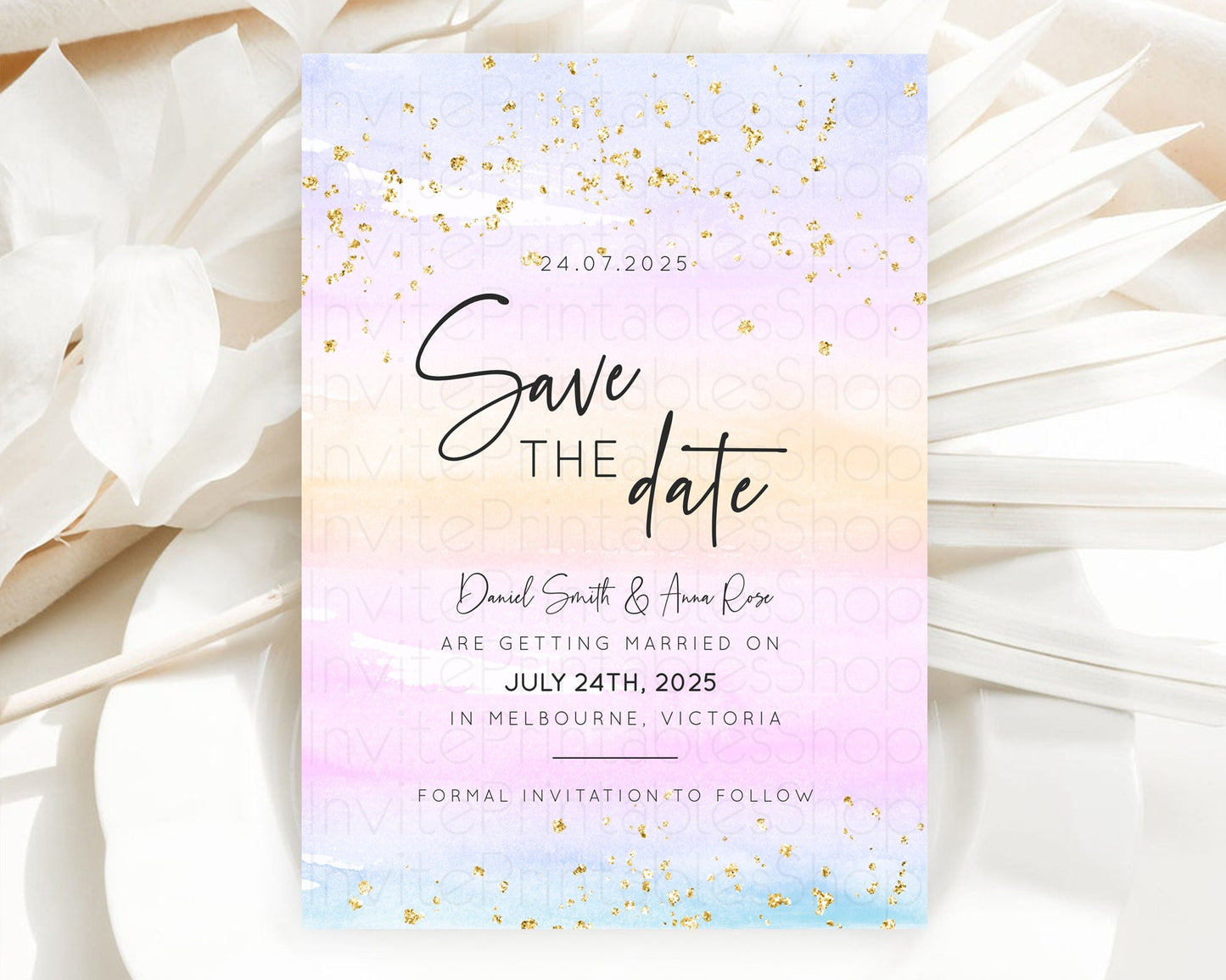 Pastel Save The Date Template Pastel Ombre Rainbow Watercolor Colorful Party For Birthday Baptism Baby Shower Wedding Bridal Shower D10594