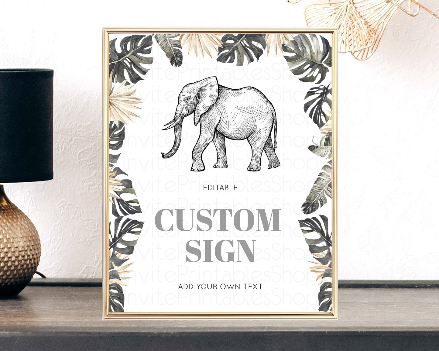 Elephant Sign Elephant Safari Adventure Party Table Sign Decor Dried Palm Fern Zoo 1st Birthday Baptism Baby Shower Bridal Shower D10806