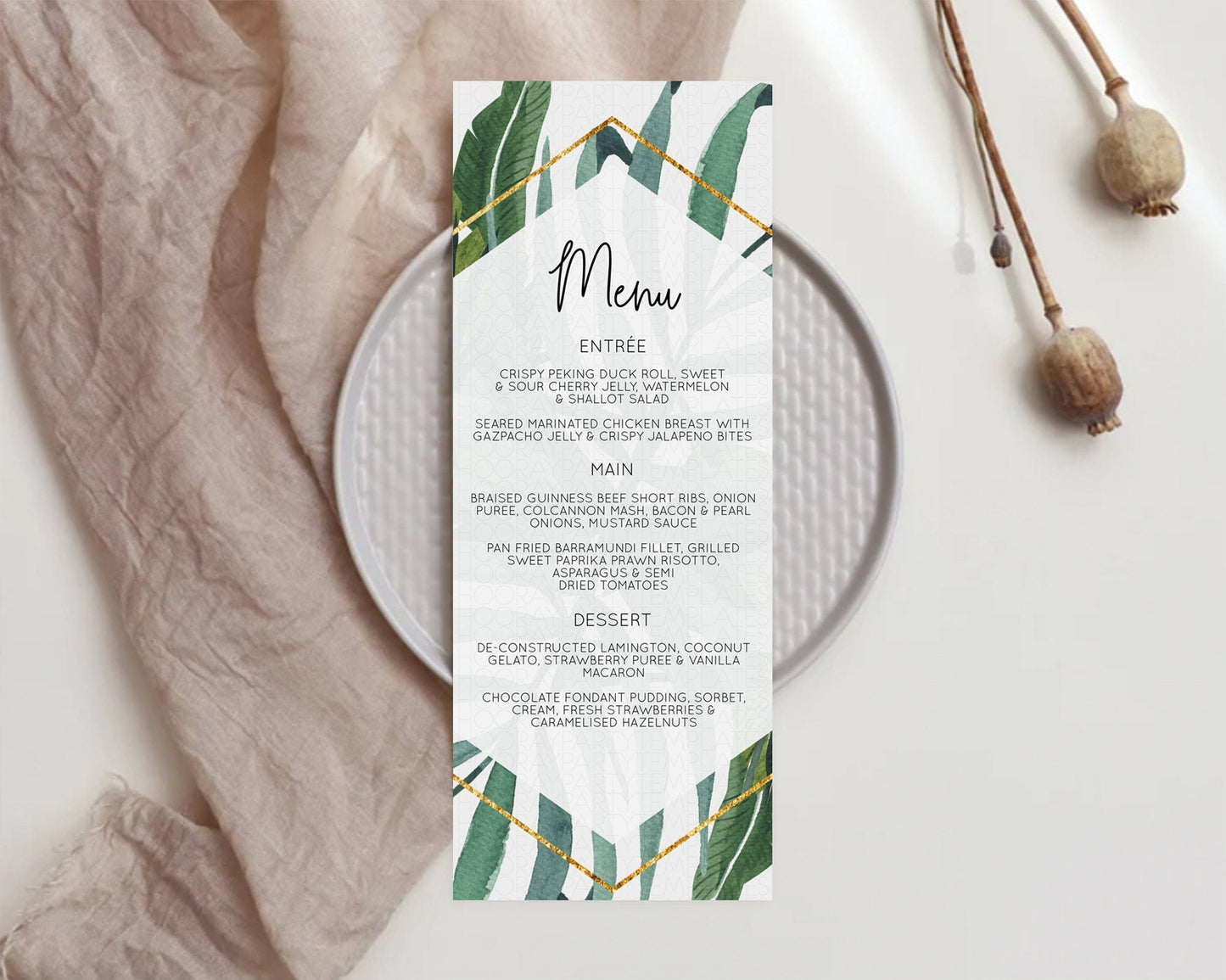 Tropical Menu Template Tropical Menu Palm Leaf Fern Table Decor Frangipani Floral White Orchid Dinner Dessert Menu Party Food Menu D11045