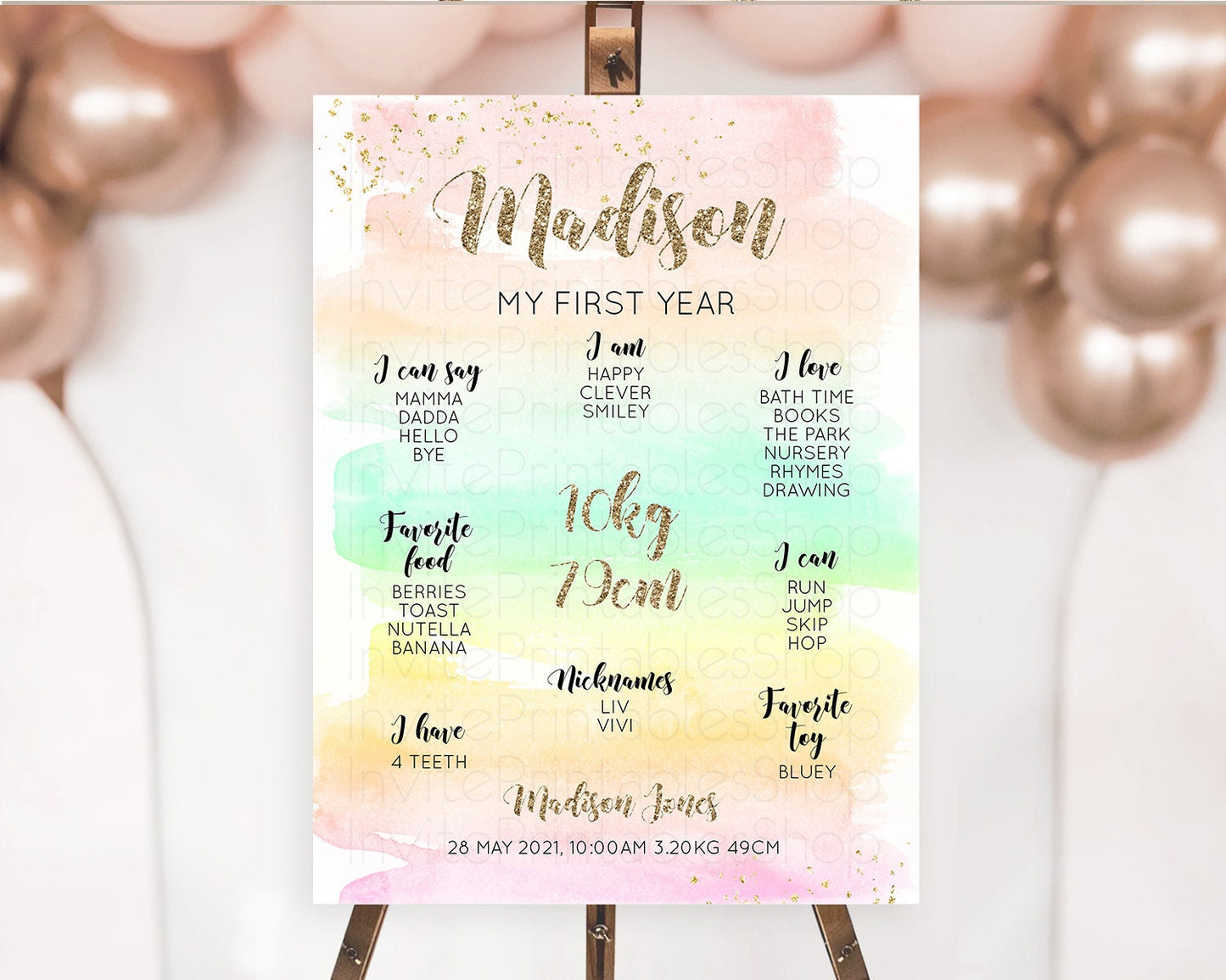 Pastel First Birthday Milestone Board Pastel Rainbow Milestone Poster Colorful Confetti Watercolor Glitter 1st Birthday Welcome Sign D10592