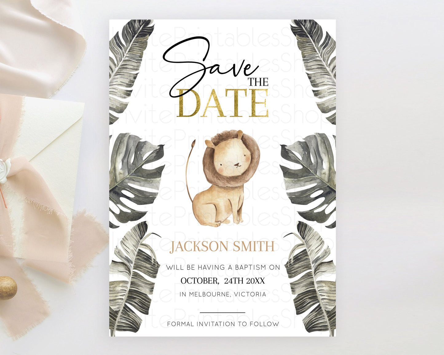 Safari Save The Date Template Lion Gorilla Elephant Rhino Animals Party Tropical Palm Zoo Theme For 1st Birthday Baptism Baby Shower D10599