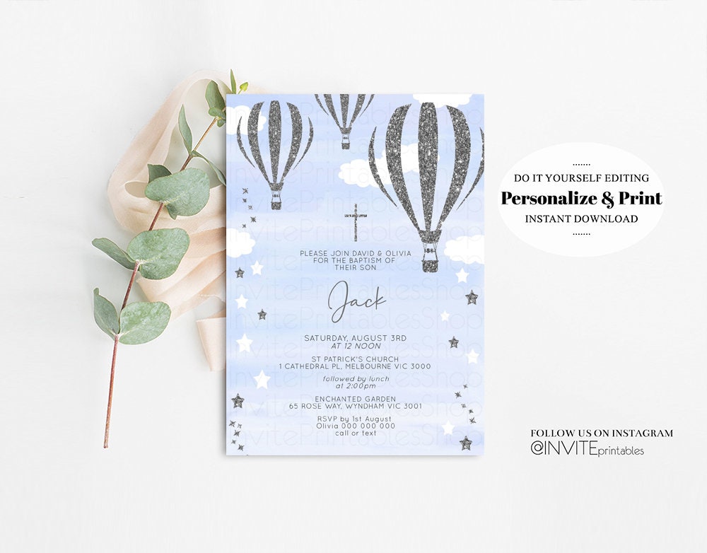 Hot Air Balloon Baptism Christening Invitation Confetti Sprinkle Magical Stars Sky Clouds Orthodox Silver Cross Blue Hotair Balloon