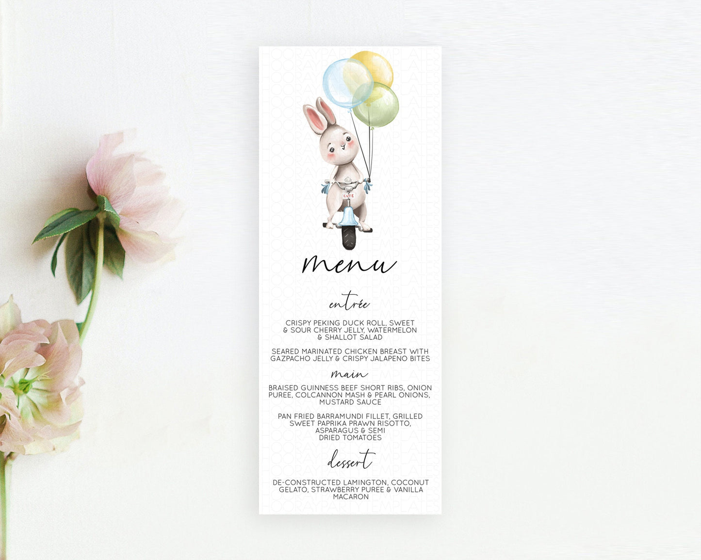 Bunny Menu Bunny Balloon Menu Template Colorful Pastel Confetti Table Decor Sprinkles Bunny Dinner Dessert Menu Party Food Menu D10783