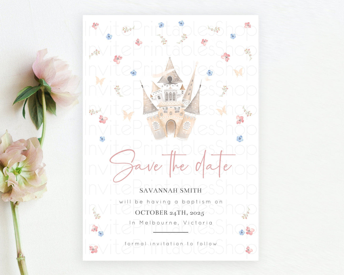 Princess Save The Date Template Secret Garden Enchanted Castle Pastel Floral Royal Party For 1st Birthday Baptism Baby Shower D10364