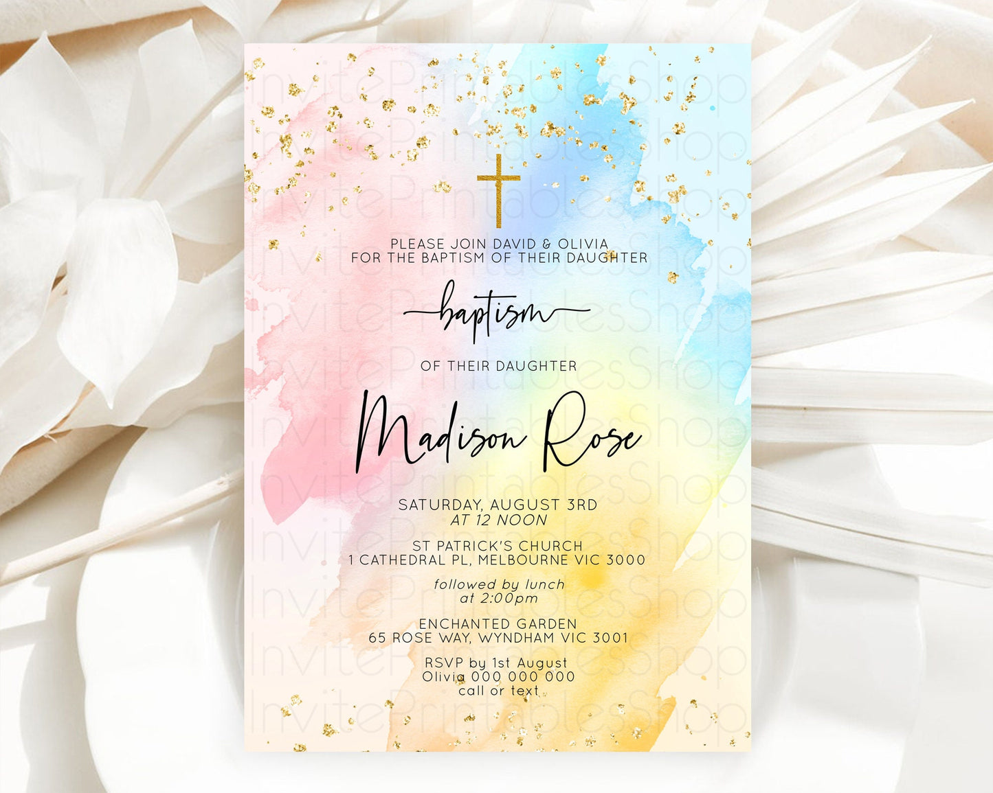 Pastel Baptism Invitation Pastel Colors Watercolor Baptism 1st Birthday Party Gold Ombre Pastel Rainbow Christening Holy Communion D10557