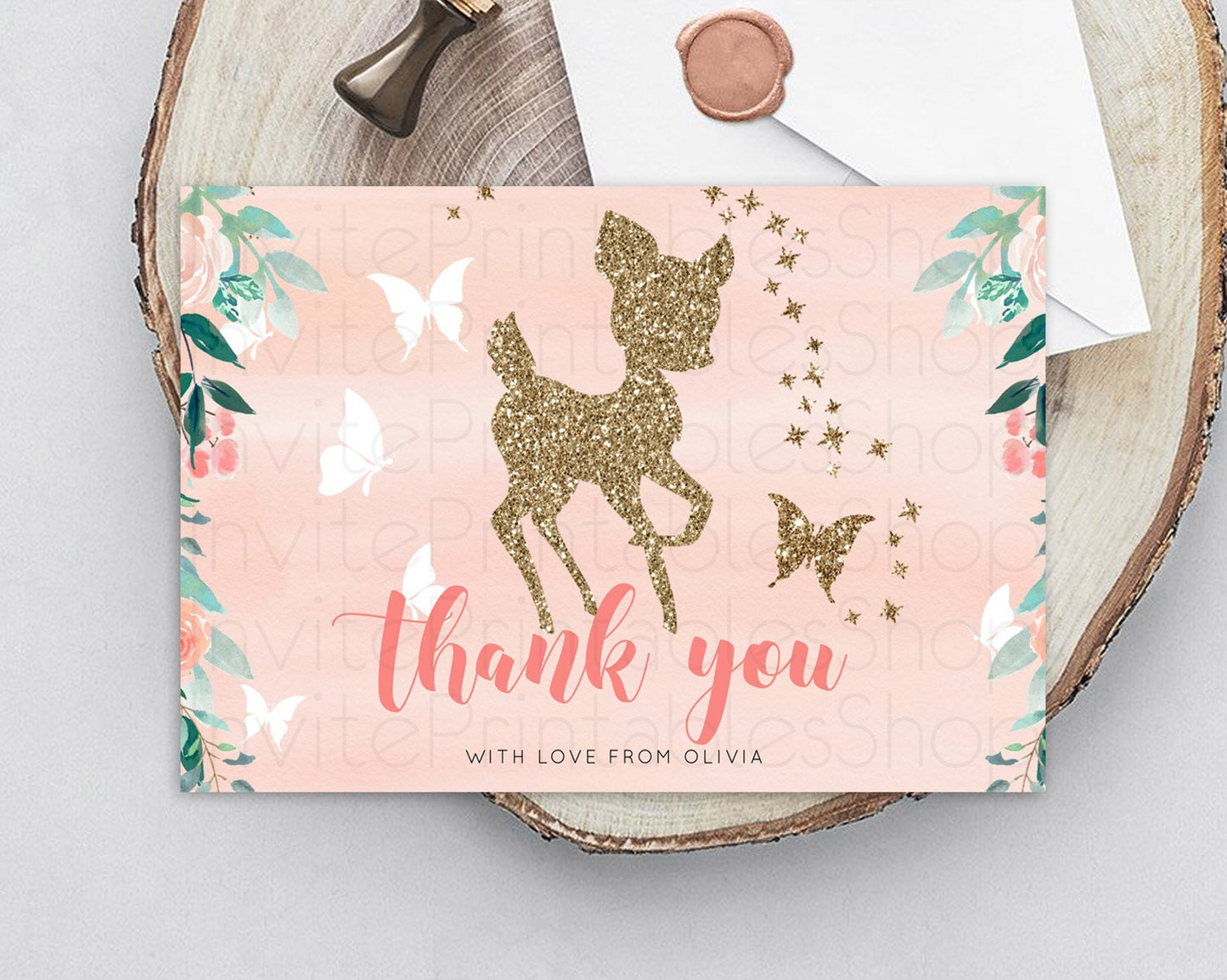 Fawn Thank You Deer Thank You Card Pastel Floral Deer Birthday Thank You Card Enchanted Forest Butterfly Deer Teacher Thank You Card D10873