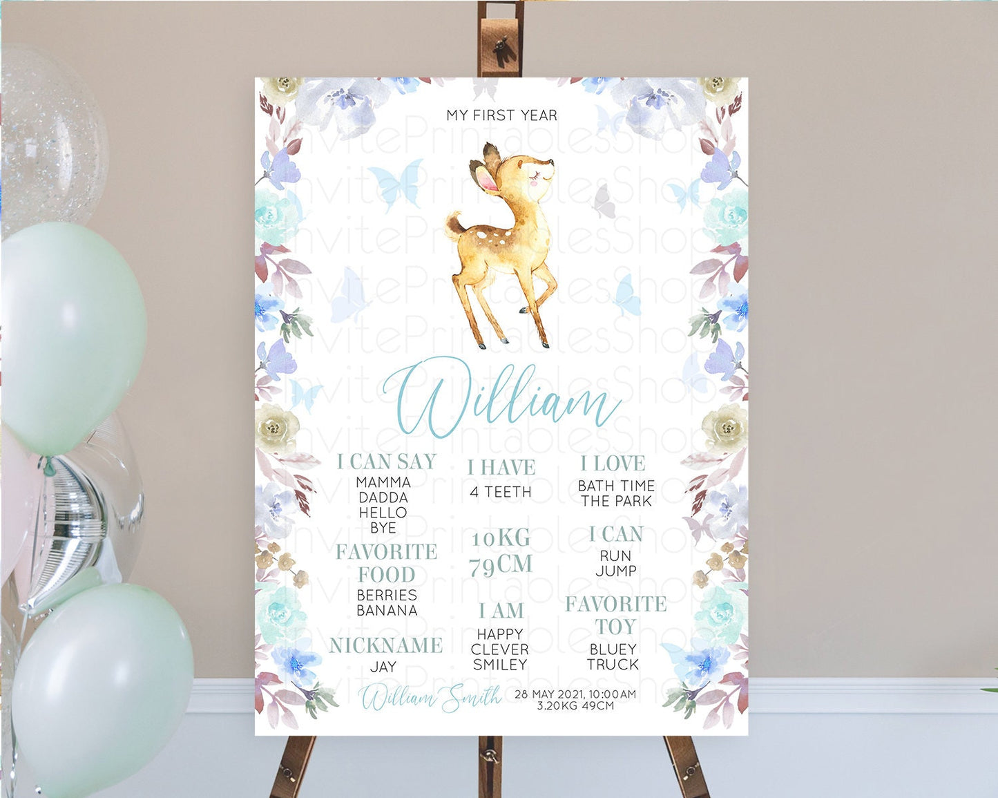 Fawn First Birthday Milestone Board Deer First Birthday Milestone Poster Enchanted Forest Butterfly Pastel Flowers 1st Birthday Sign D10960