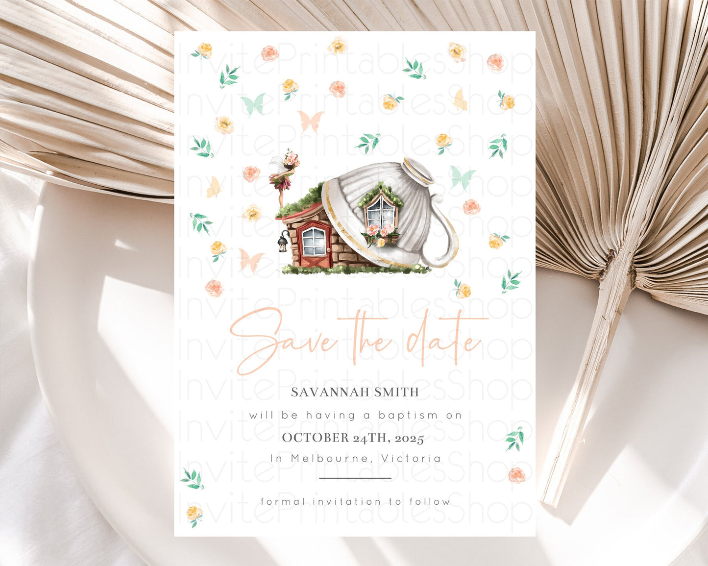 Fairy Save The Date Template Enchanted Garden Pastel Floral Butterfly Party Secret Garden Birthday Baptism Baby Shower Bridal Shower D10383